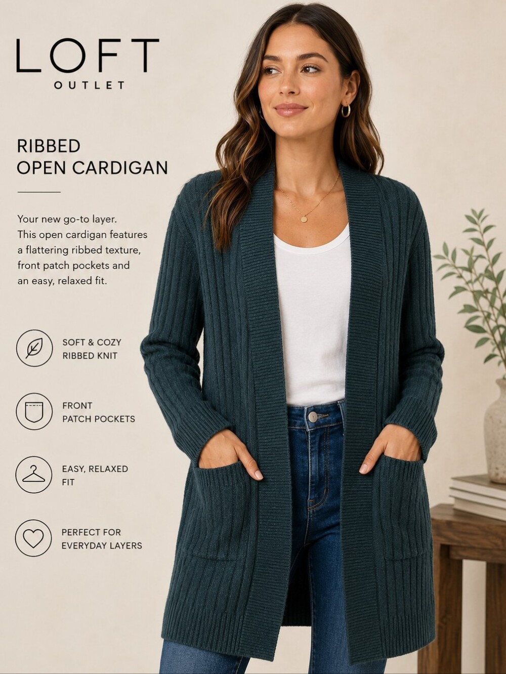 LOFT Ribbed Open Front Cardigan Sweater Teal Blue Green Patch Pockets Size M